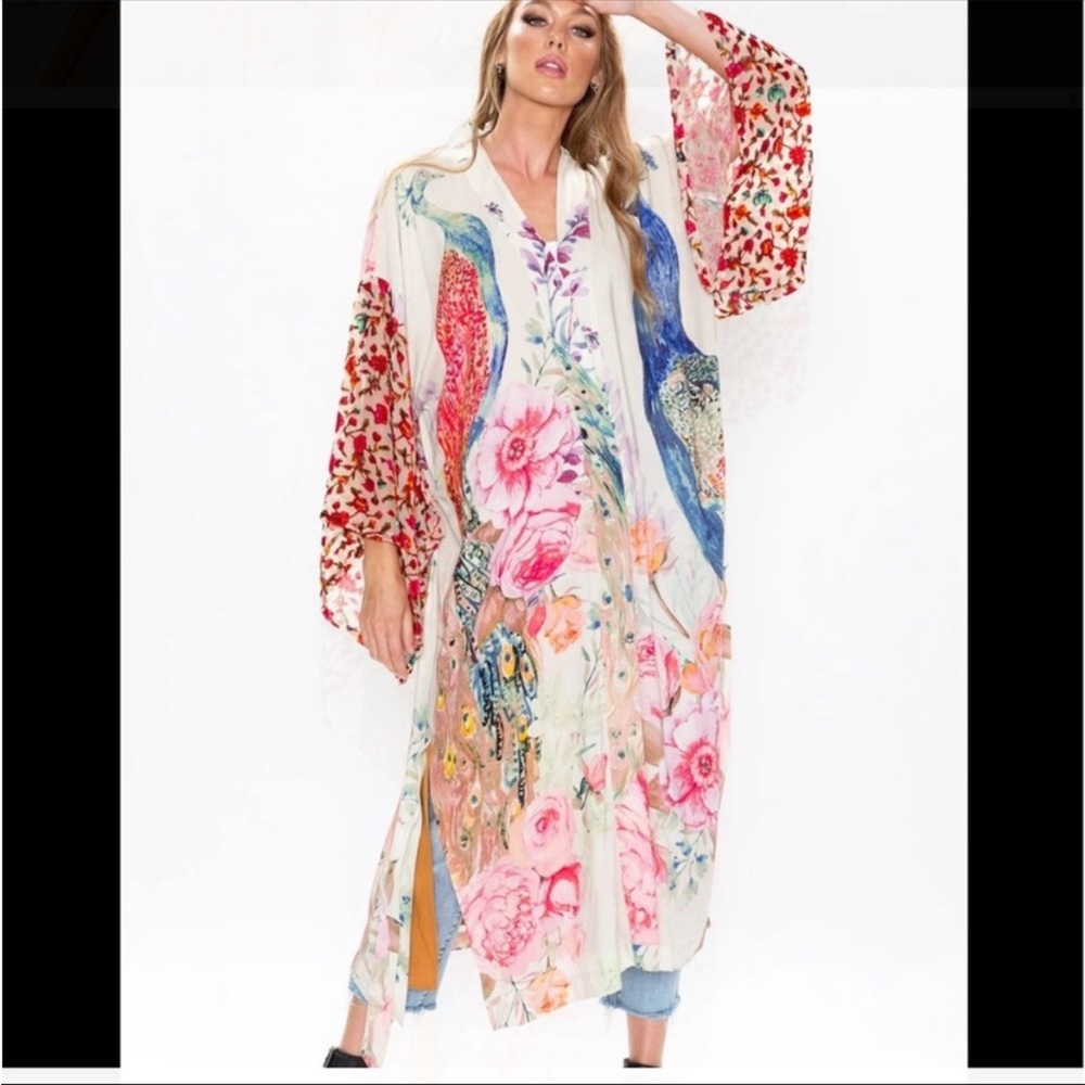 #115 New! Peacock Boho Burnout Kimono Duster Robe - Picture 4 of 11